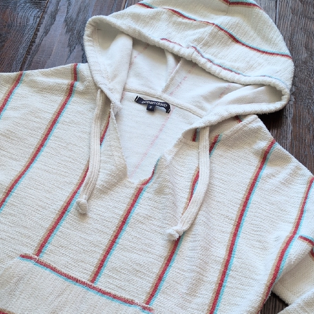 OCEAN DRIVE I Striped Terry Pullover Kangaroo Pocket Pullover Baja Hoodie, S
